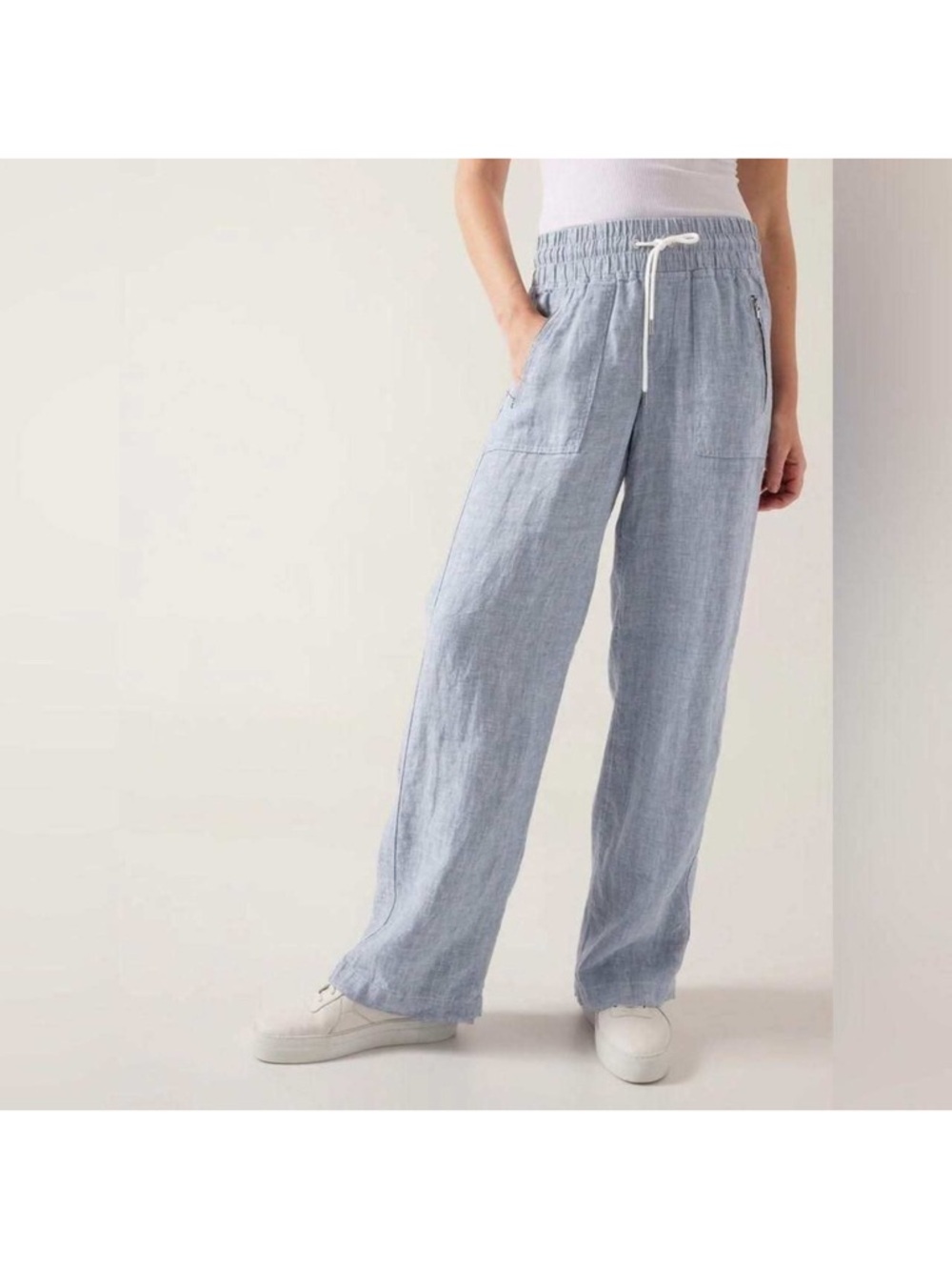 Athleta Cabo Linen Wide Leg Pant Women 0 Blue Excellent Drawstring Zipper Pocket